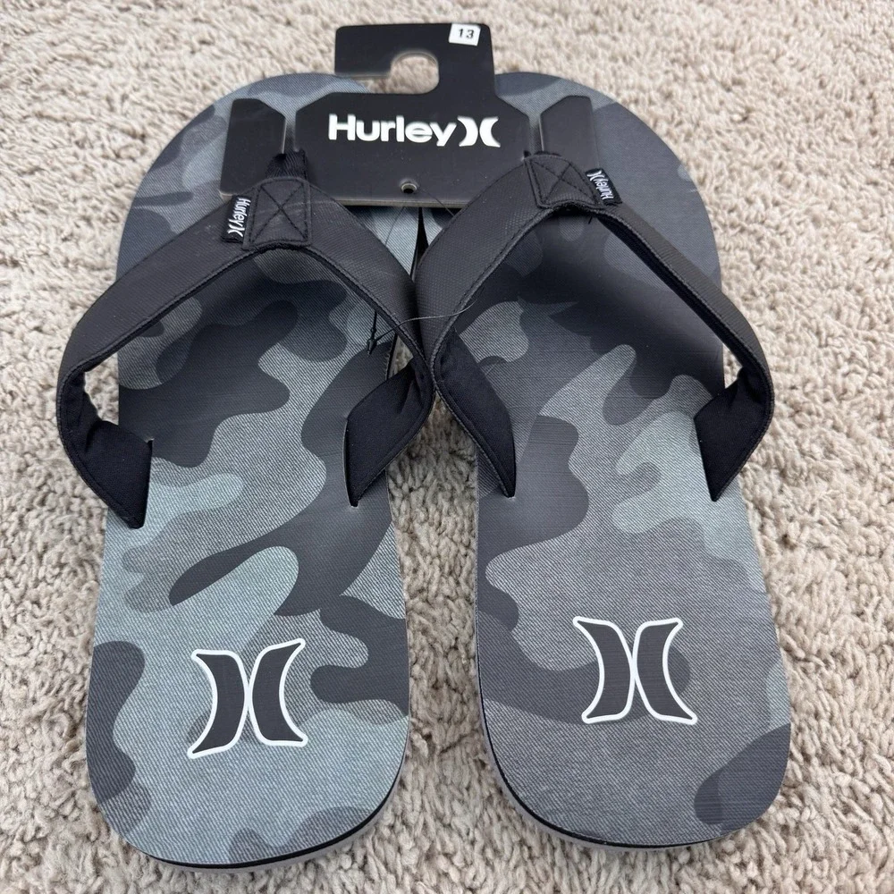 Hurley Layback Flip Flops Sandals Gray Camo Men 13 Beach Pool Comfort Slides NWT